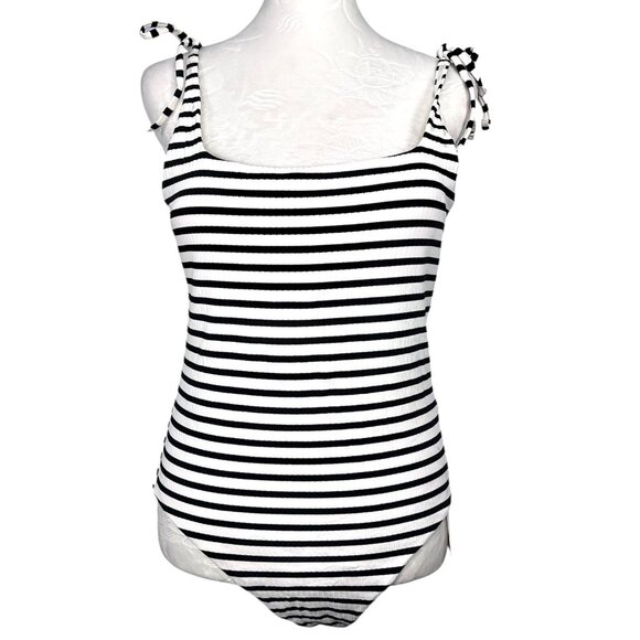 One Piece Swimsuit Black White Striped Tie Strap Ribbed & Other Stories Size 10 - Picture 2 of 10